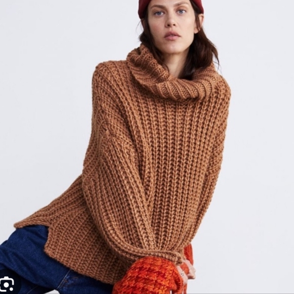 Zara oversized chunky knit sweater turtleneck brown medium - Picture 10 of 10